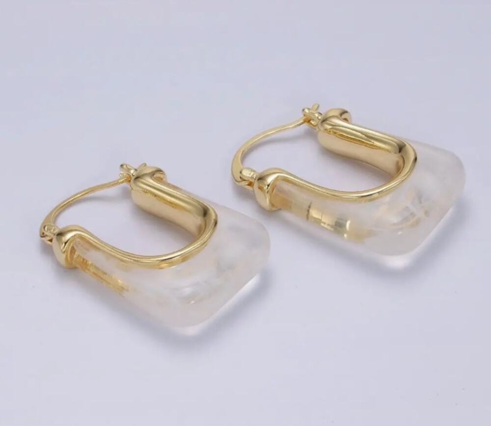 AIM 14K Gold Filled 30mm Clear Resin U-Shaped Rectangular Latch Hoop Earrings